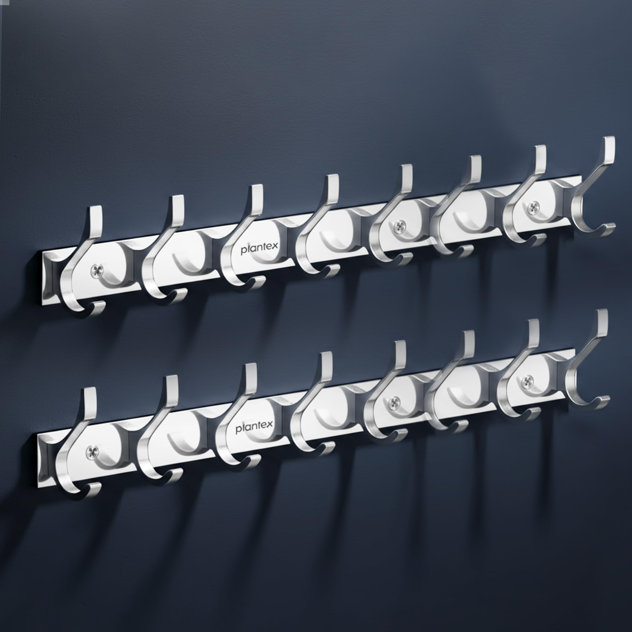 Plantex Aluminium Cloth Hanger Wall Mounted with 8 Hooks for Bathroom/Kitchen - Cloth Hanger/Towel Hanger/Keys Holder - Pack of 2 (8 Hooks, Chrome)