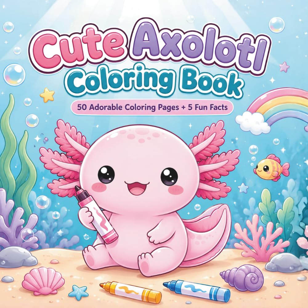 Cute Axolotl Coloring Book: 50 Adorable Coloring Pages with Kawaii Axolotl Mini Scenes and 5 Fun Fact Pages