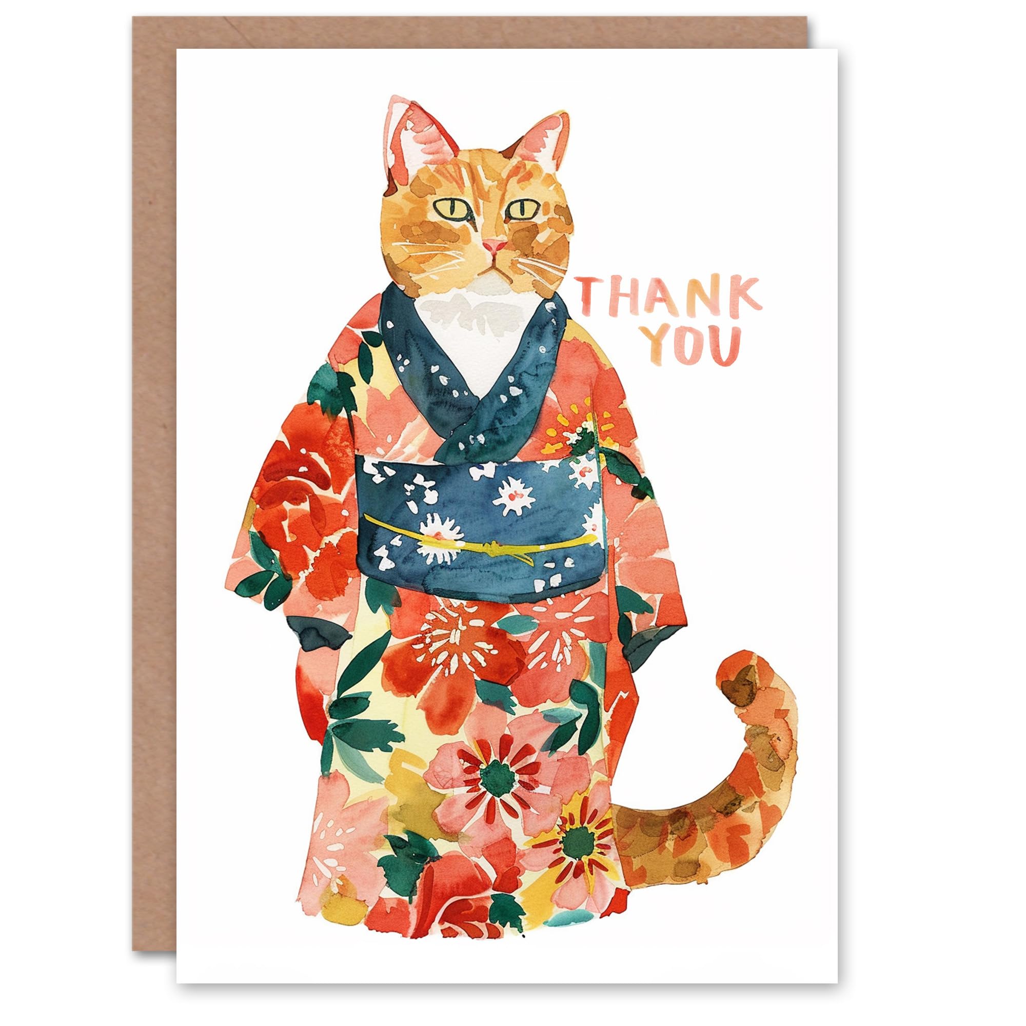 Artery8 Orange Tabby Floral Kimono Cat Lover Watercolour Blank For Him Or Her Art Thank You Card