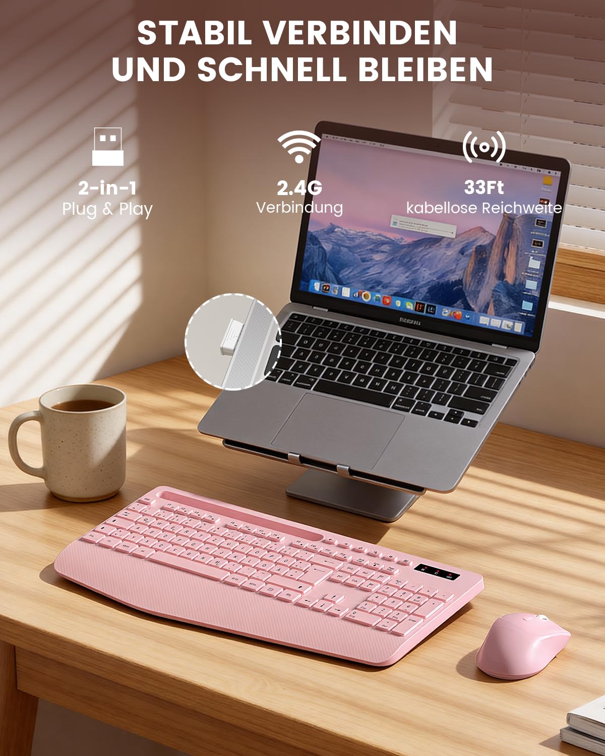 Juego de teclado y ratón inalámbrico, 2,4 G, sin latencia, juego ergonómico, reposamuñecas, soporte para teléfono, batería incluida, ratón silencioso y teclado para portátil, PC, Windows-rosa