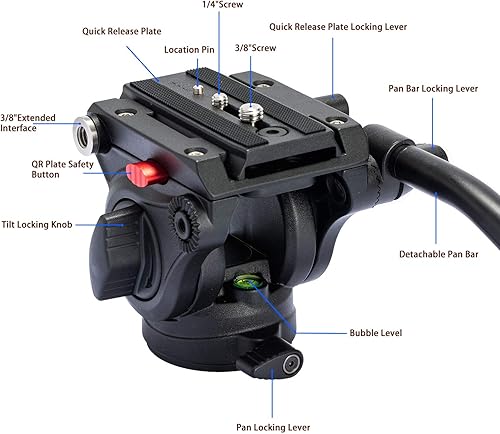 Miniatura 2 de Avella Cabezal fluido de trípode de video con placa de liberación rápida, ligero y resistente, compatible con Manfrotto, carga máxima de 13.2 lb/6