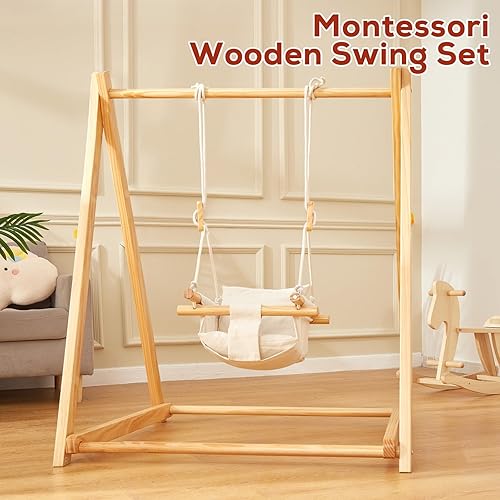 Miniatura 2 de FUNLIO Juego de columpios de madera para niños de 6 a 36 meses, columpio plegable para bebé con pino y velcro duraderos, columpio portátil para
