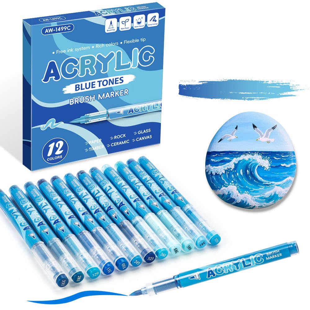 Rotuladores acrílicos, 12 colores, punta de fibra suave de 1 a 5 mm, sistema de tinta gratis, para papel, roca, vidrio, madera, lienzo de cerámica (azul)