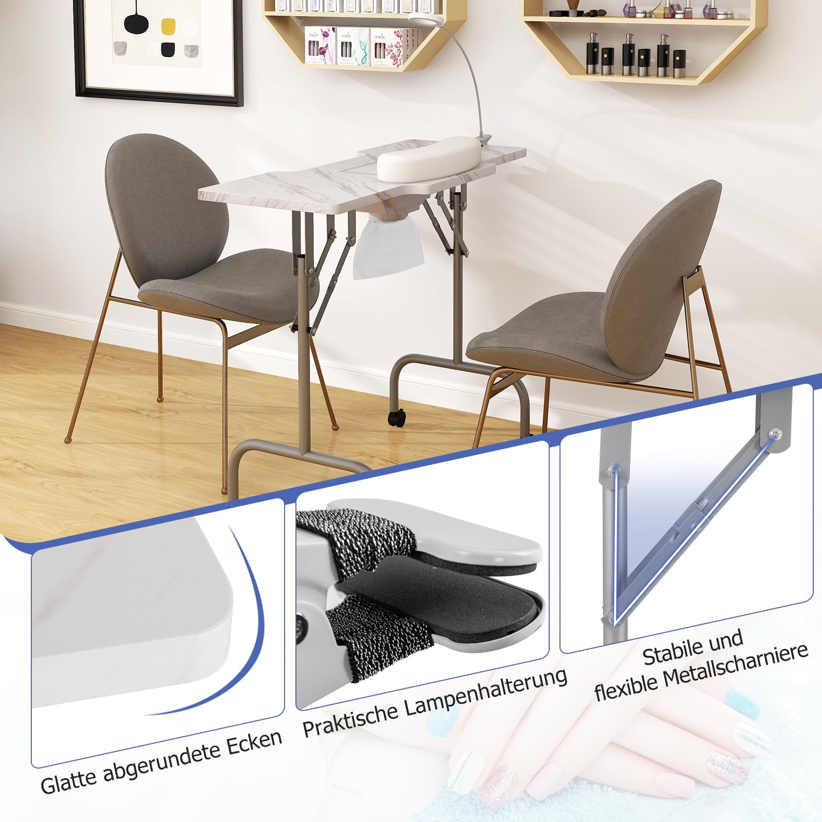 COSTWAY Maniküretisch klappbar, Nageltisch mit elektrischem Staubsammler, LED-Lampe, Handgelenkauflage & Rollen, Maniküre Tisch Marmor Optik, inkl. Tragetasche (Weiß)