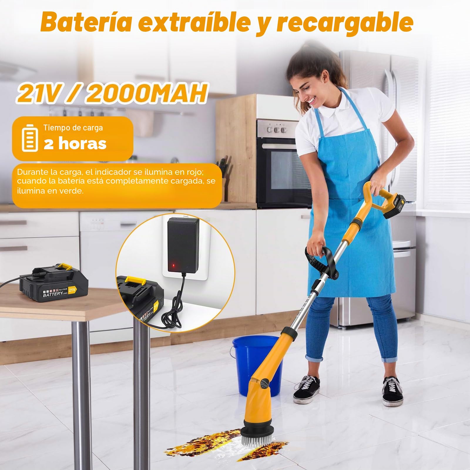 Qimedo Scrubber eléctrico 1500 RPM Power Scrubber con batería Recargable Cepillo de Limpieza eléctrico con 8 Cabezales Intercambiables para Ducha, baño, Suelo y Fregadero