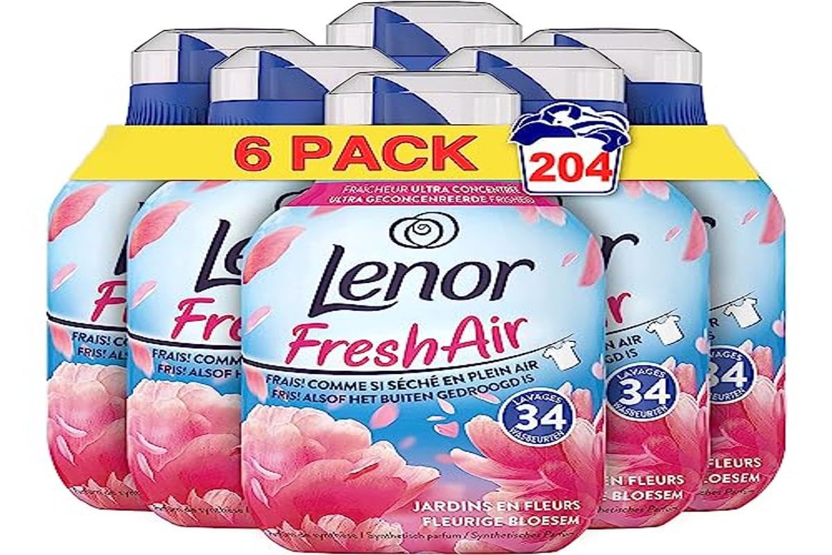 Lenor Frischluft-Weichspüler, 204 Waschgänge (6 x 34 cm), Blumengärten, ultra-konzentrierte Frischformel, für einen frischen und sauberen Wind, nach dem Waschen