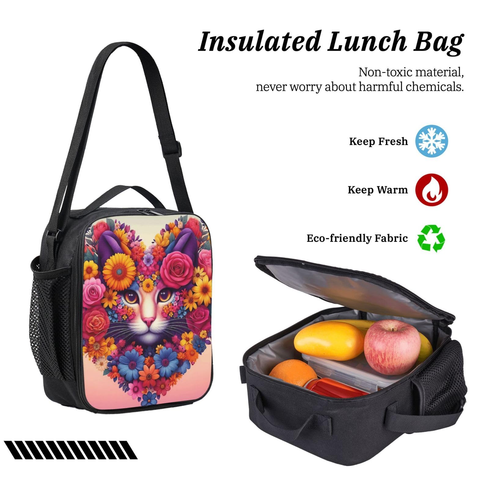 Zestaw plecaka z nadrukiem kota w kształcie serca z torbą na lunch i piórnikiem | Minimalistyczny zestaw dla nastolatków, izolowana torba na artykuły pa, codzienne użytkowanie na zewnątrz