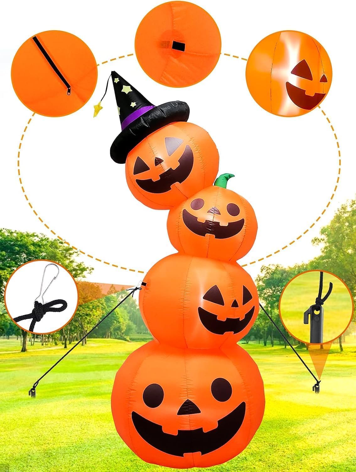 7.9 stóp wysokości Halloween nadmuchiwane ułożone dynie, Kalolary wysadzenie powietrze latarnie dyniowe Dekoracje z wbudowanymi światłami LED Outdoor Indoor Holiday Decor domu Family Yard Lawn Garden