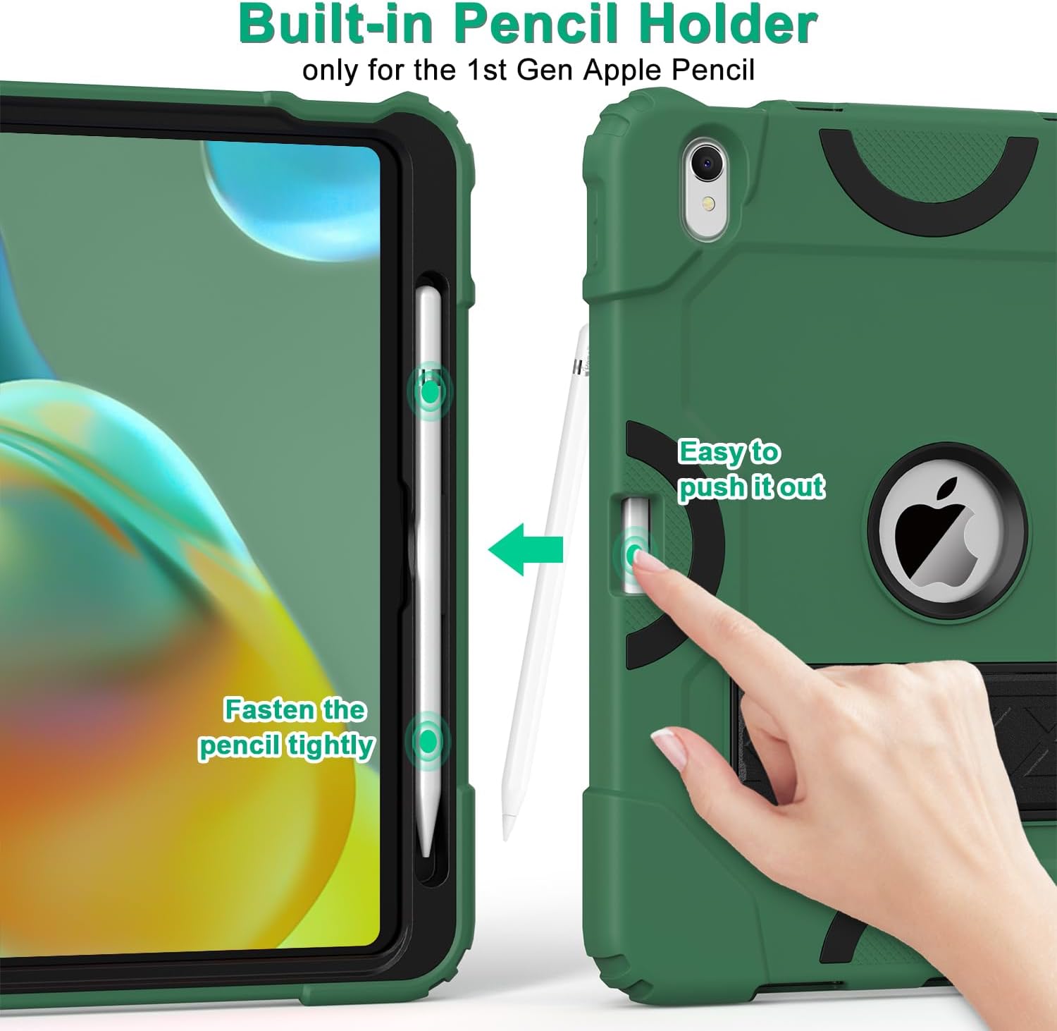 Grifobes for iPad 11-inch (A16) 2025 / 10th Generation Case 10.9 inch 2022, iPad 11th / 10th Case with Pencil Holder Heavy Duty Rugged Protective Cover with Kickstand Dark Green+Black
