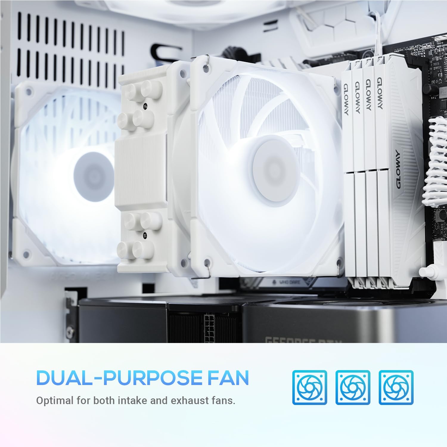ID-COOLING TF-12025-PRO-SW fans installed in a PC case, labeled 'DUAL-PURPOSE FAN'