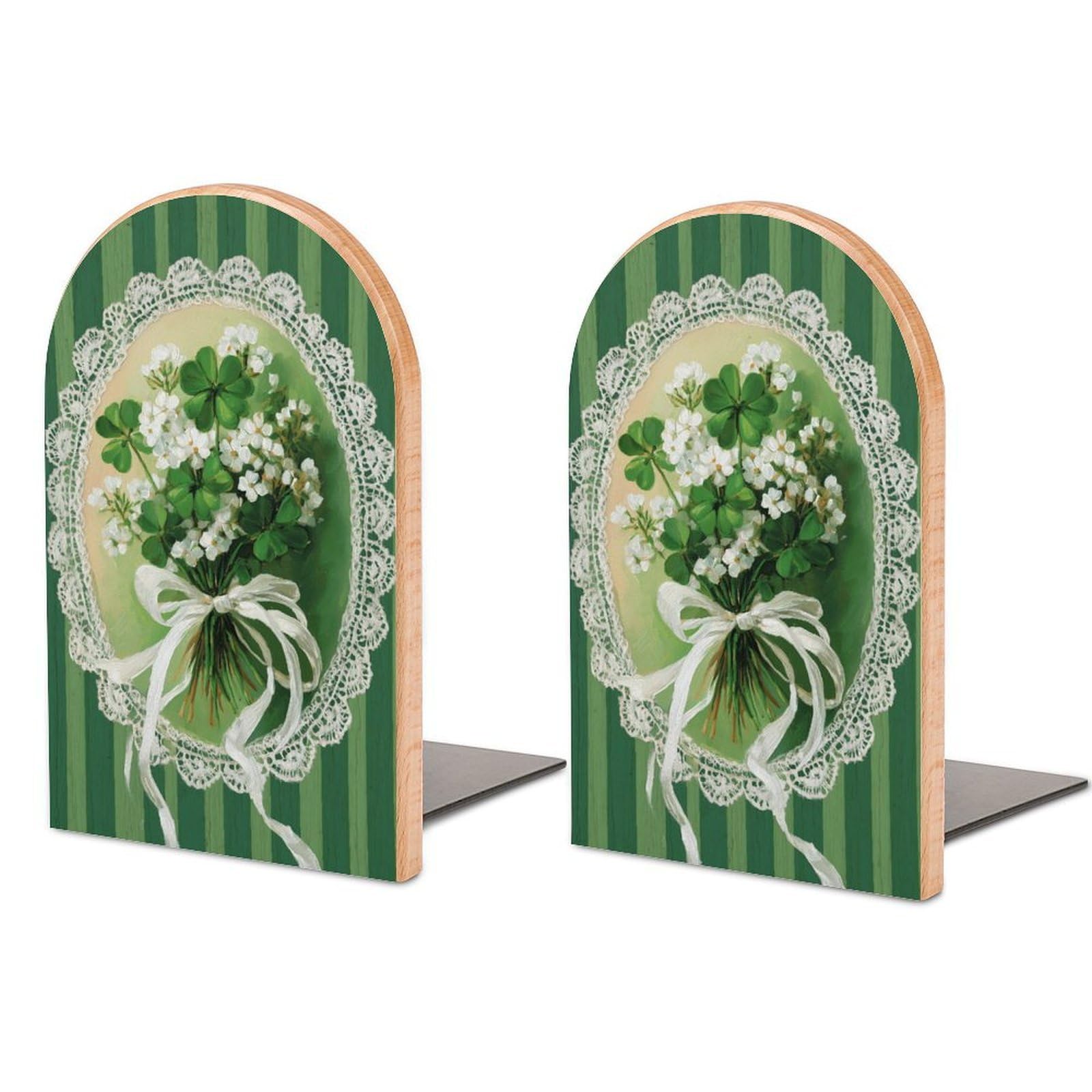 Vintage Shamrock Bouquet with White Ribbon Wooden Bookends Shelves 2 PCS Sturdy Book Holders Desktop Organizer for Home Office Libraries