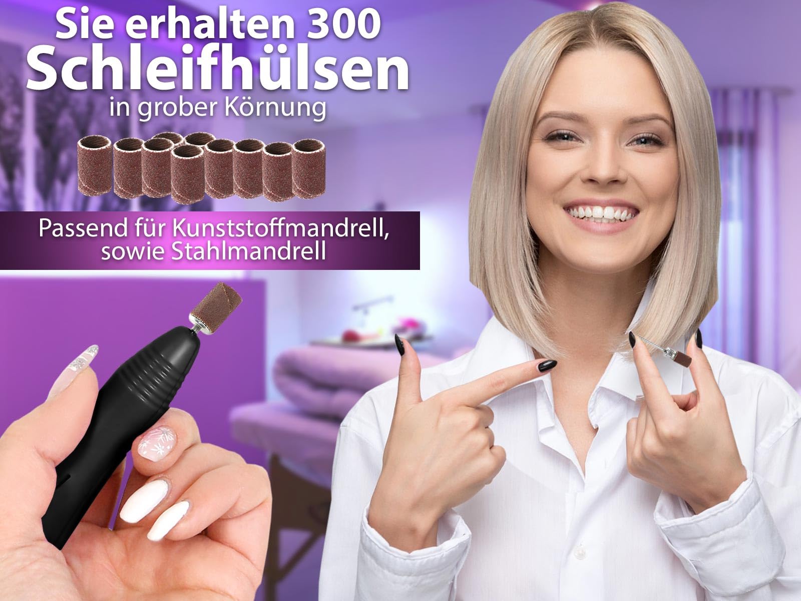 Pediküre Set Elektrische Fuß Hornhautfeile mit 300 groben Schleifhülsen | Fußpflegegerät mit Diamantschleifern Pediküre Nagelfräser Nagelschleifer Elektrische Nagelfeile für eine perfekte Nagelpflege