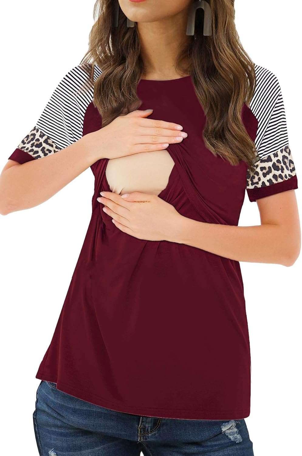 Smallshow Women's Nursing Shirts Short Patchwork Sleeve Breastfeeding Top at  Women’s Clothing store