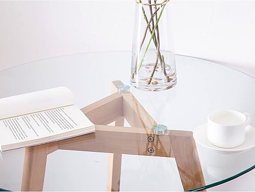 Miniatura 10 de Ivinta Mesa de comedor redonda de cristal, mesa de ocio moderna con patas de madera para cocina, comedor, sala de estar, mesa de té pequeña para 2,