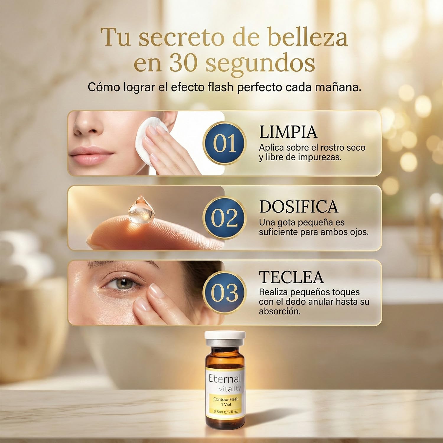 Vial contorno de ojos 5 ml Pack 3 con Péptidos, Ácido Hialurónico y Cafeina ojos. Tratamiento anti ojeras y arrugas finas ilumina, hidrata y reafirma la piel para un efecto quita ojeras instantáneo