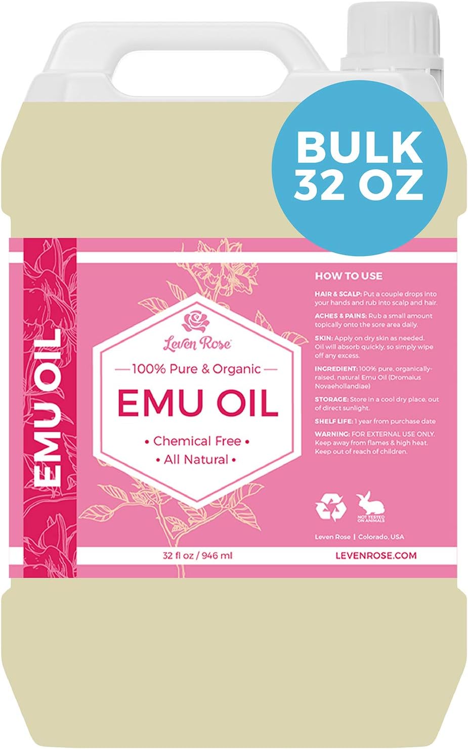 Leven Rose Emu Oil 100% Pure Natural Bulk 32 oz