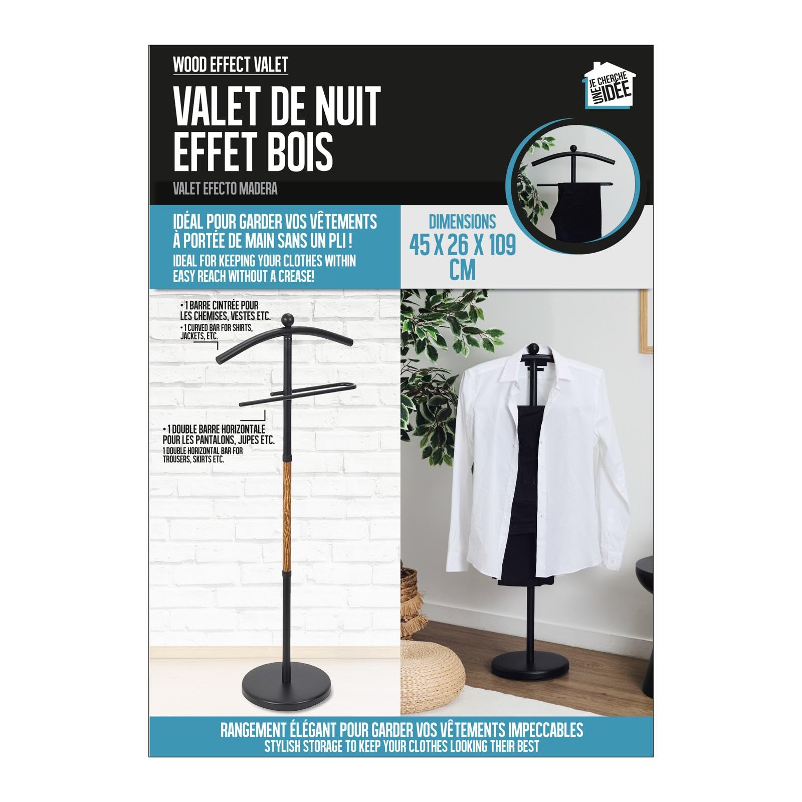Valet de Nuit Effet Bois Rangement Vêtements Noir | Plastique, valet de nuit effet bois, rangement pratique, vêtements et accessoires, chambre, 45x109x26 cm, noir