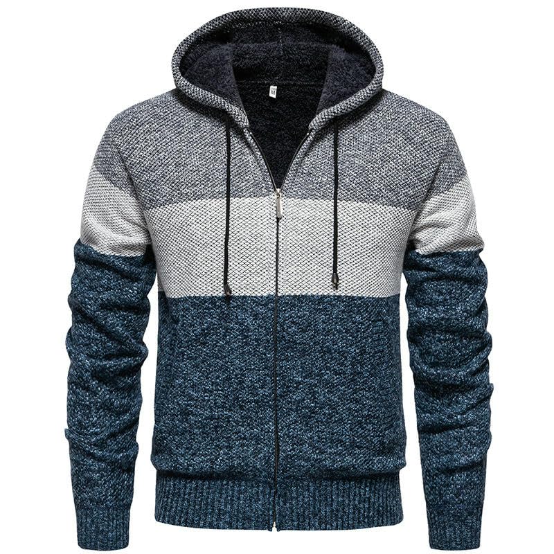 Men's Autumn Winter Loose Plush Lined Color Block Hooded Knit Sweater Cardigan2