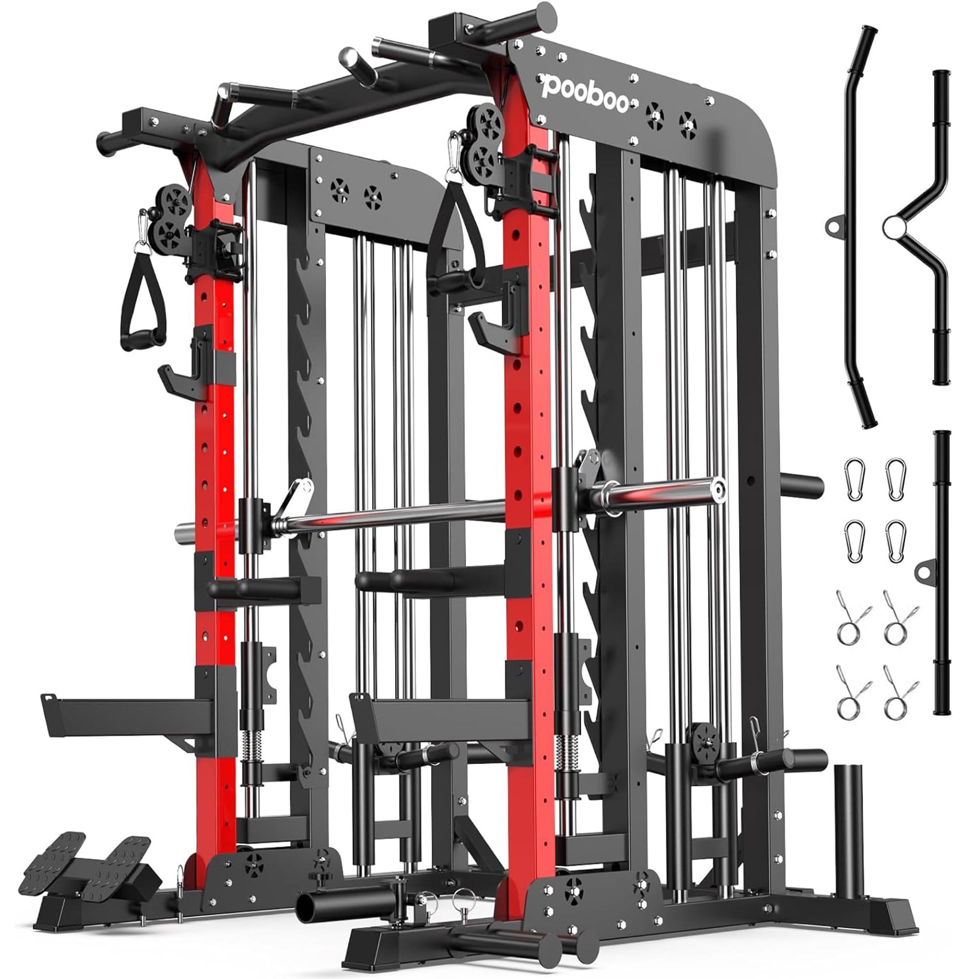 Pooboo Multi-Functional Machine Power Cage, 2000LB Squat Rack, LAT-Pull Down System, Dual Pulley Cable Crossover System, Home Gym Workout Machine with Strength Training Attachments P43 01