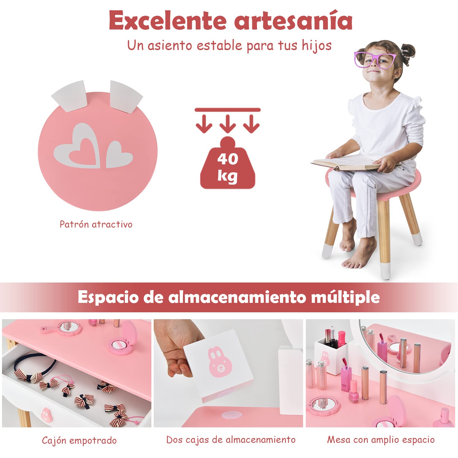 COSTWAY Set Mesa Tocador y Silla para Niños, Set Tocador para Niños con Espejo, Cajones, Mesa de Maquillaje para Niños y Niñas (Rosa)