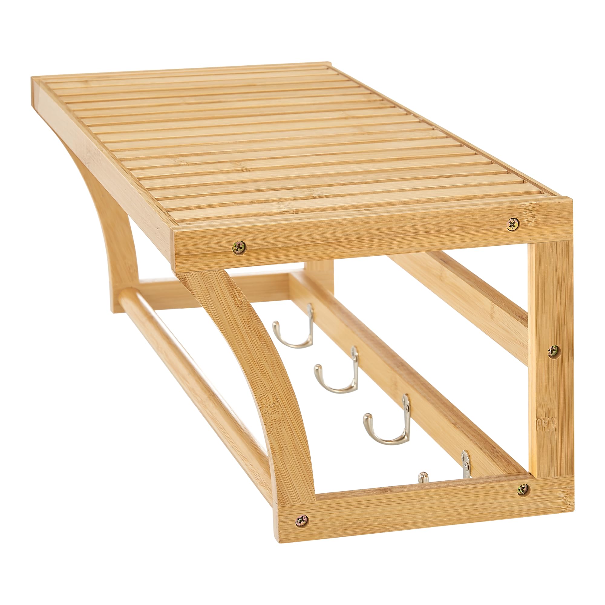 [en.casa] Estantería de Pared para Baño Pasillo con Estante Toallero y 4 Ganchos Mueble de Cocina con Barra para Paños de Cocina Bambú 30 x 55 x 23 cm - Natural