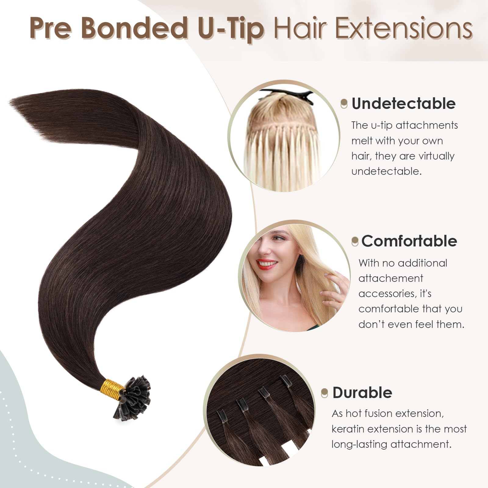 Elailite U Tip Pre Bonded Hair Extensions 1g Real Human Hair, Keratin Extension Remy Hair Straight - Image 2