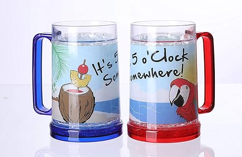 It's 5 O'Clock Somewhere Party Parrot - Juego de 2 tazas de hielo de gel de doble pared para congelador, transparentes, 16 onzas