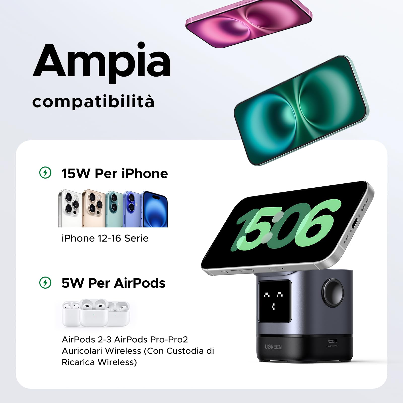 UGREEN UNO Caricatore Magnetico Qi2 15W, Stazione di Ricarica Wireless 2 in 1 per Cuffie Compatibile con iPhone 16/15/14/13/12 Serie, AirPods Pro 2/3