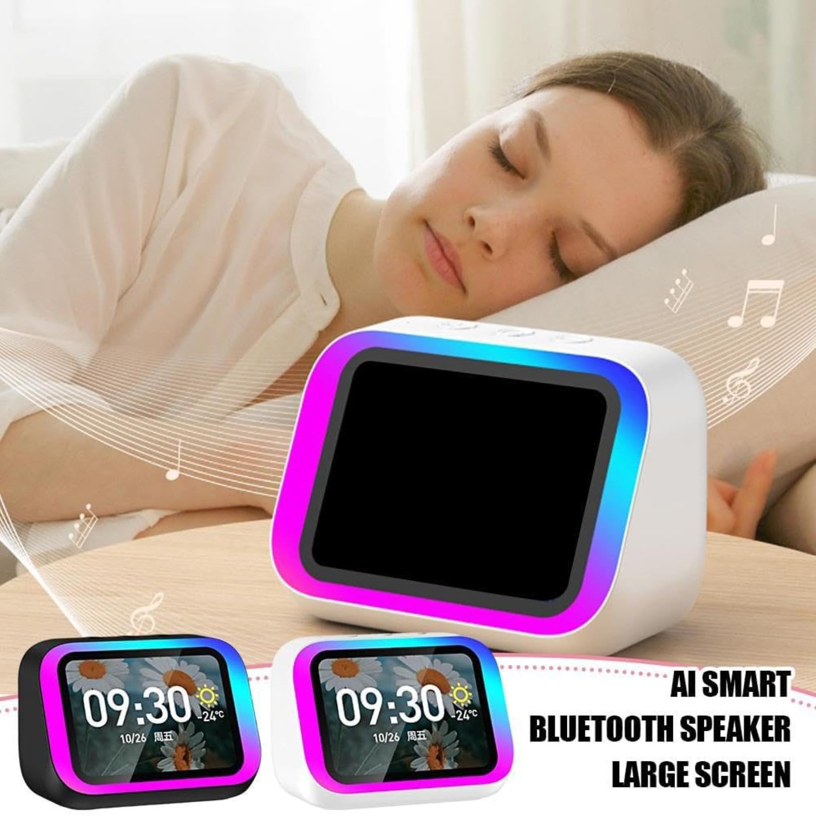 Reloj despertador inteligente con altavoz Bluetooth y luz RGB, pantalla digital portátil de hora y clima, llamadas manos libres, ideal para uso junto a la noche