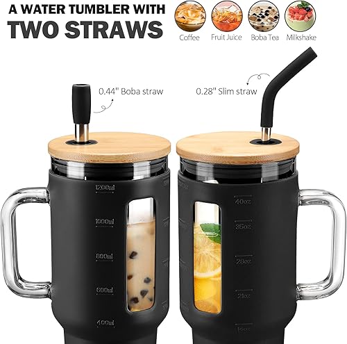 Miniatura 3 de Kodrine Vaso de vidrio de 40 onzas con asa, vaso de café helado con popote y tapa de bambú, taza de vidrio con funda de silicona, marcador de