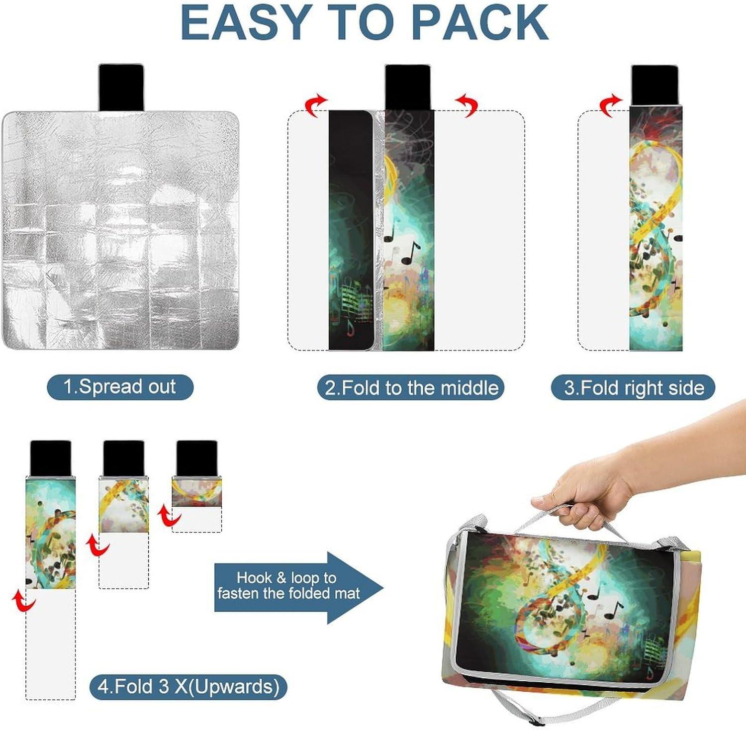 Abstract Music Symbol Waterproof Picnic Blanket 58.3''x58.3'',Portable and Foldable Picnic Mat with Handle,Outdoor Blankets for Lawn Park Beach Travel