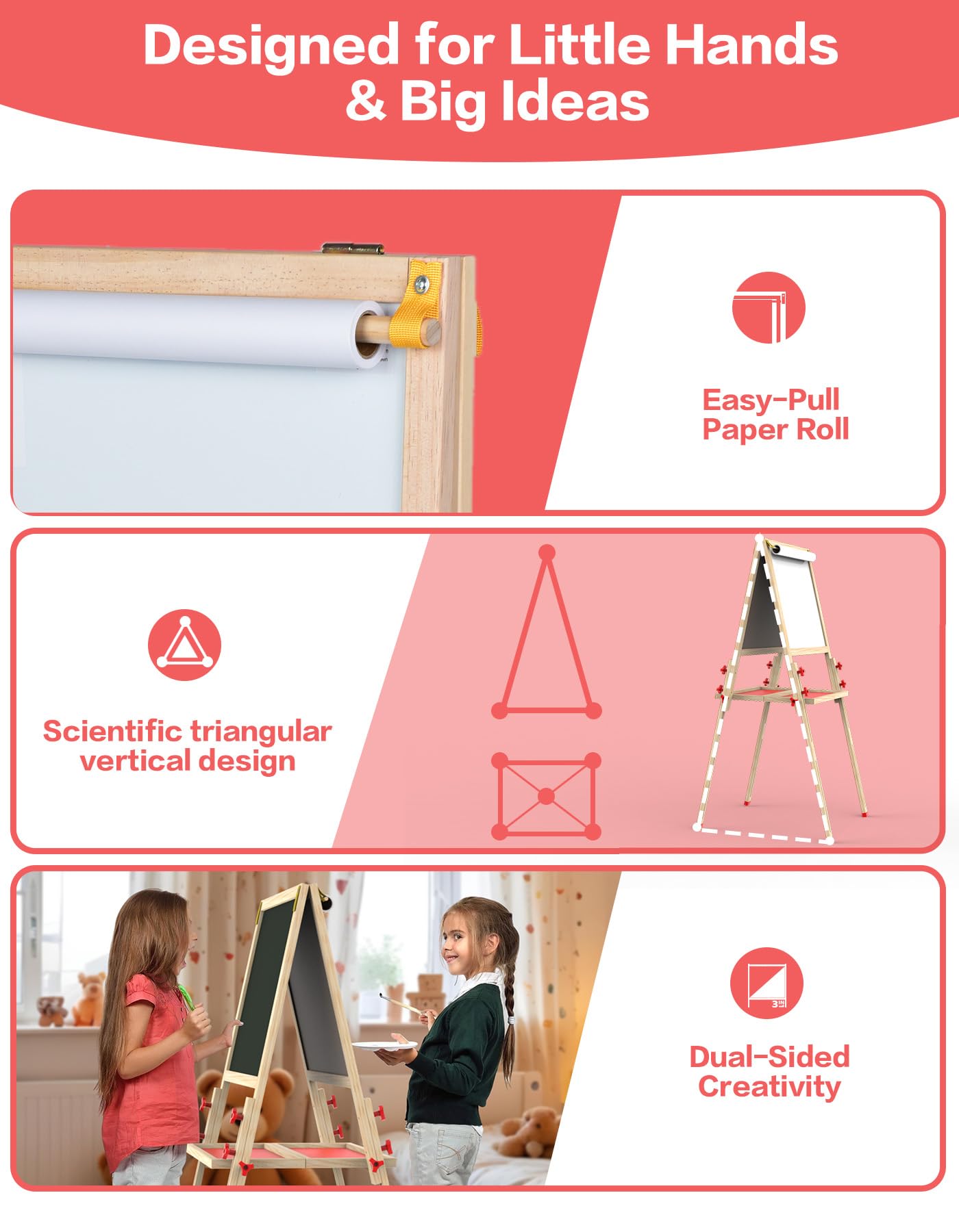 Caballete de arte para niños, caballete plegable para pintar pizarra blanca de doble cara y pizarra, tablero de dibujo de pie con rollo de papel, caballete para niños de 2 a 4 años, 4 a 8, 8 a 6
