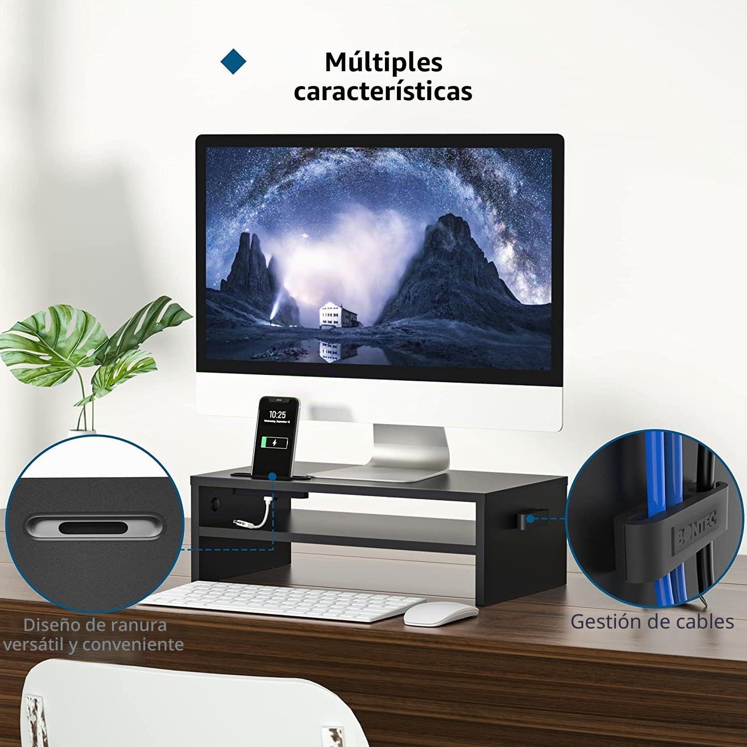 BONTEC Elevador Monitor Escritorio Madera, Soporte 2 Niveles Gestión Cables Ranura Móvil, 30 kg, Negro 420x235x142mm