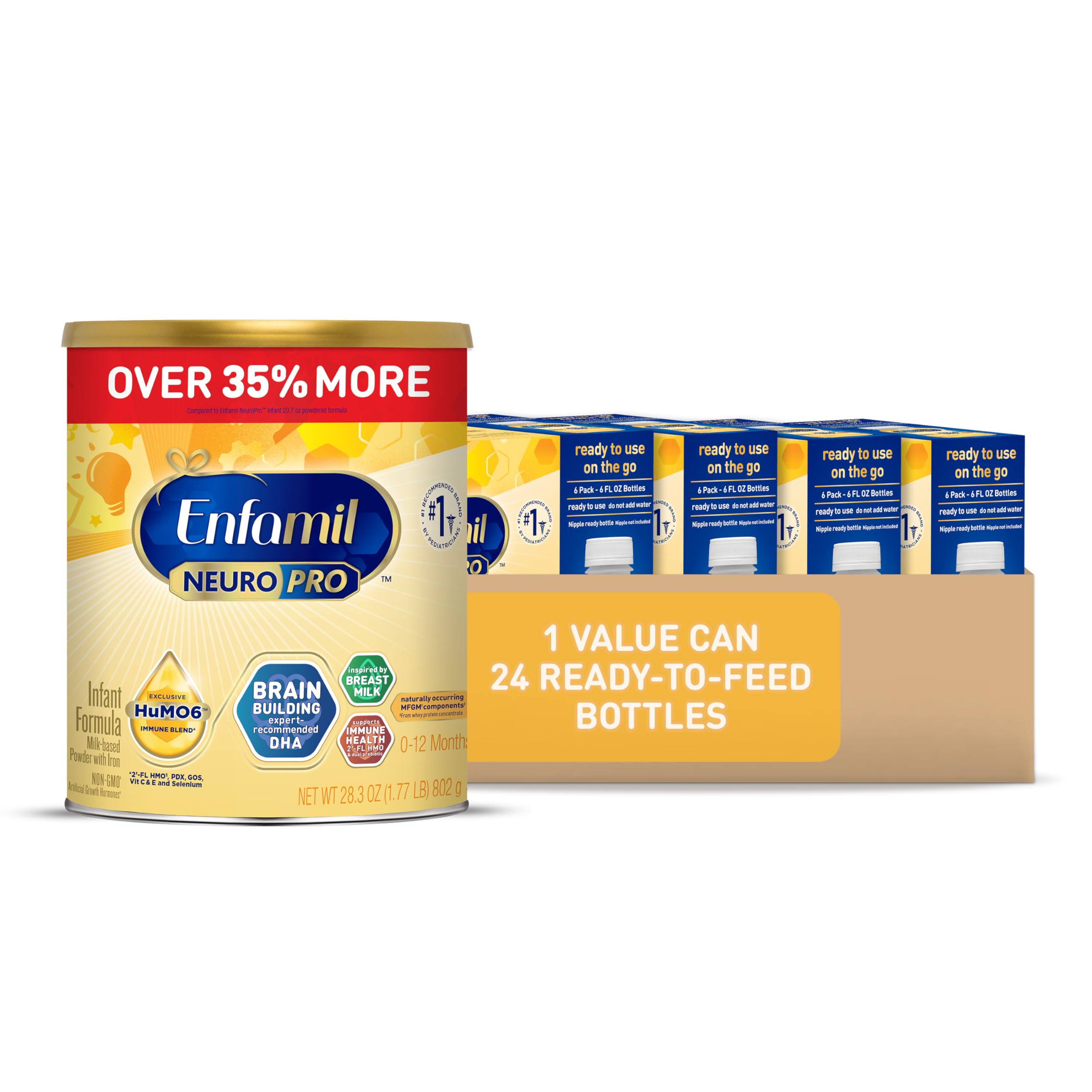 EnfamilNeuroPro Baby Formula, MFGM* 5-Year Benefit,Brain-Building Omega-3 DHA, Exclusive Immune Supporting HuMO6 Blend, Infant Formula Powder, 28.3 Oz + Liquid, 2 Fl Oz, 6 Count (Pack of 4)