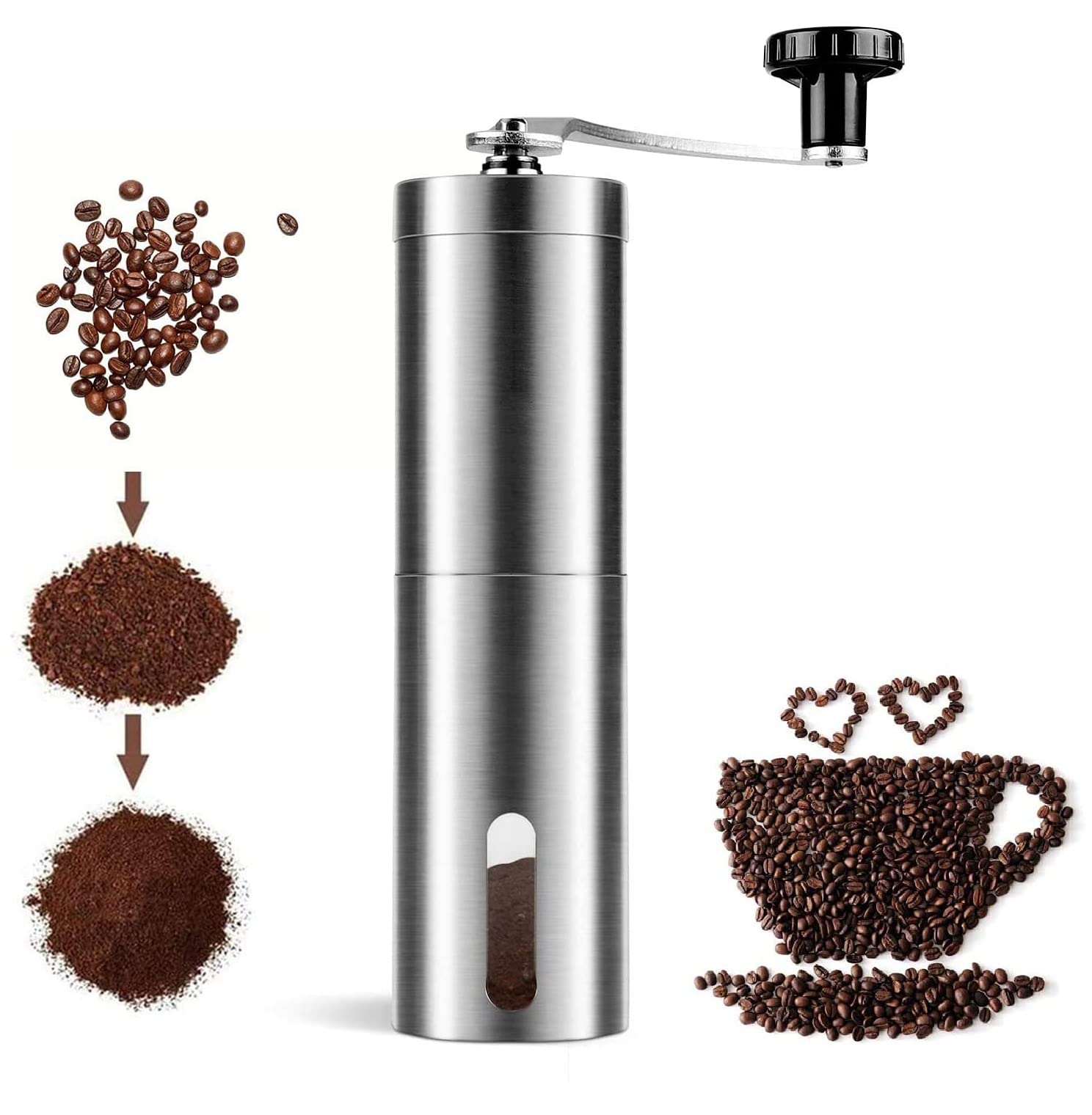 N/C Manual Coffee Grinder with Adjustable Settings Conical Burr Grinder for Coffee Beans, Stainless Steel Burr Coffee Grinder for Aeropress, Drip Coffee, Espresso, French Press (silver)