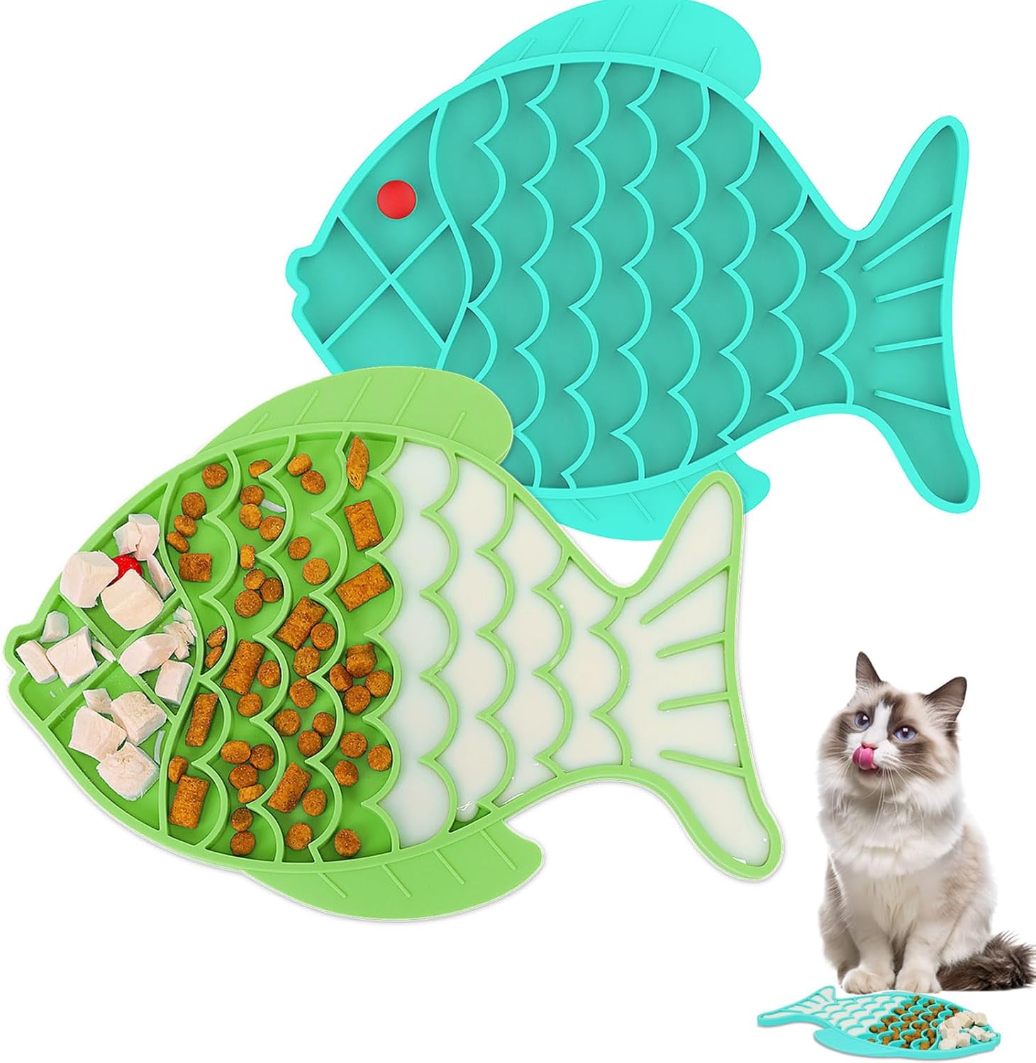 2 Pack Sluggish Feeder Cat Bowls, Fish-Formed Silicone Puzzle Kitten Pet Canine Feeders Non-Slip Design Lick Mat for Wholesome Eatting,Treats Boredom Nervousness Discount Reducer [Blue,Green]