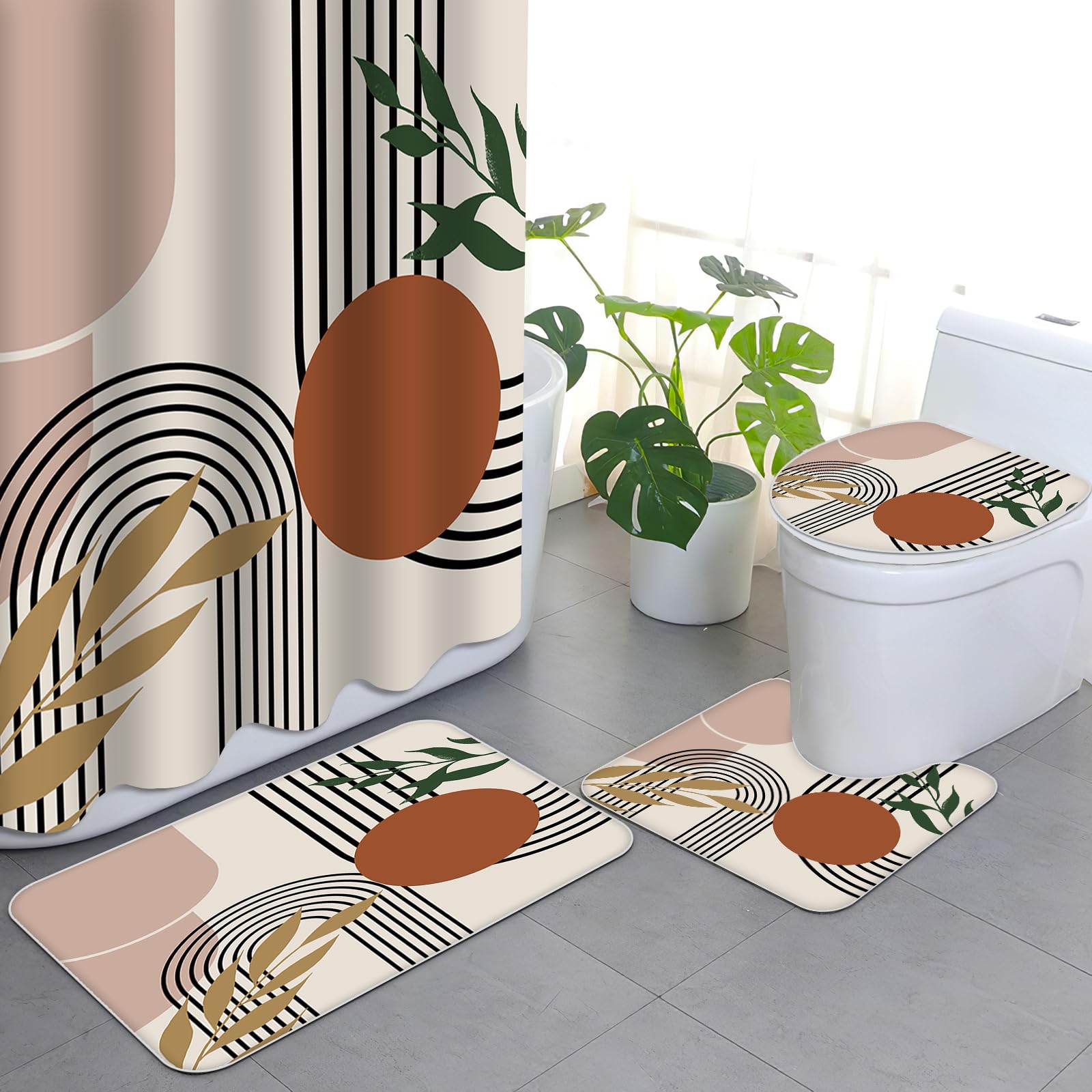 APROPHIC Juego de 4 cortinas de ducha estilo bohemio medieval abstracto moderno con cortina de ducha y alfombra, alfombrilla para tapa de inodoro y almohadilla en forma de U, lavable con 12 ganchos