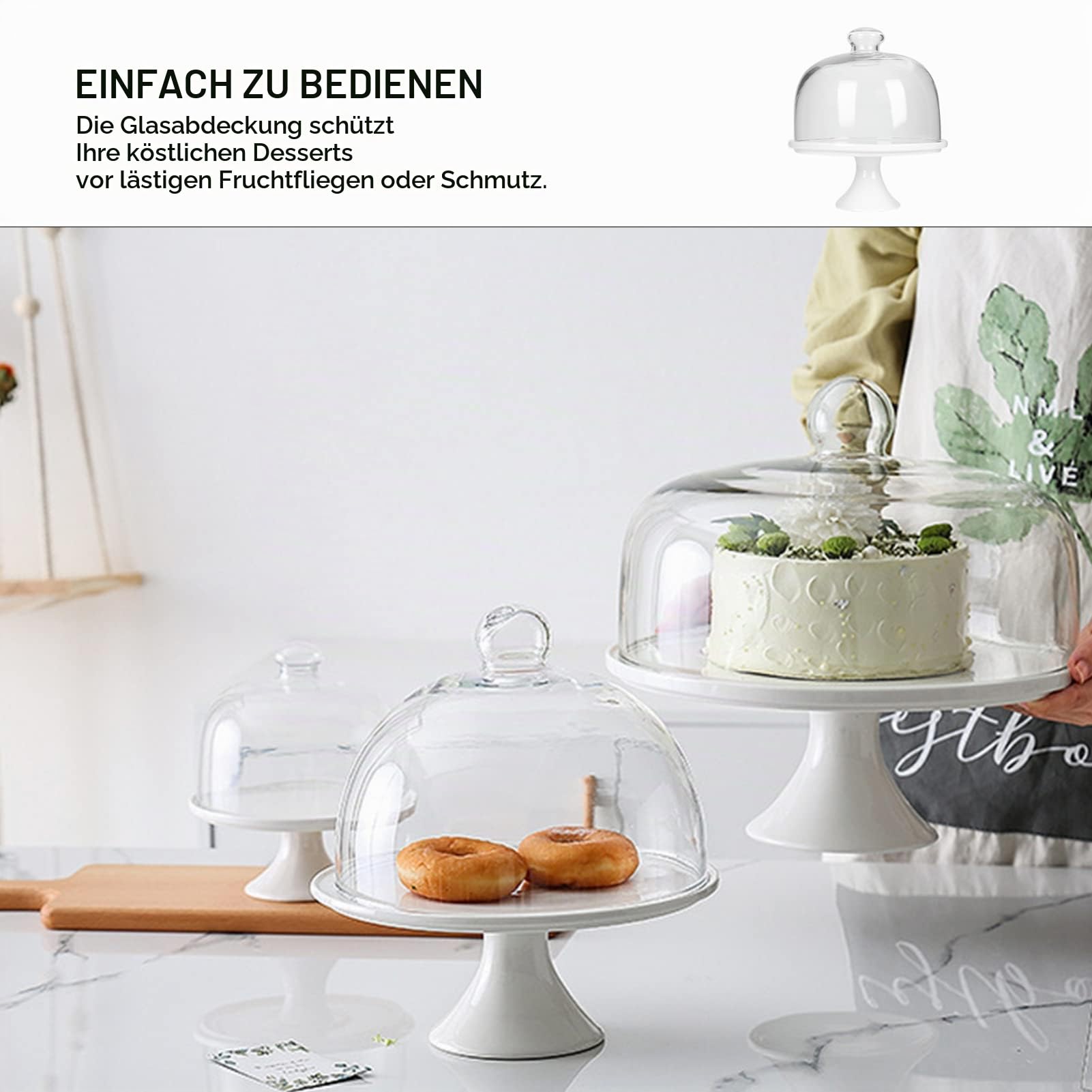 13CM Kuchenständer Keramik Tortenplatte Kuchen Glasglocke Porzellan Teller mit Kuchenglocke Tortenständer Haube Tortenglocke Glas Käseglocke Torten Glashaube Lebensmittel Abdeckung Deckel Cover