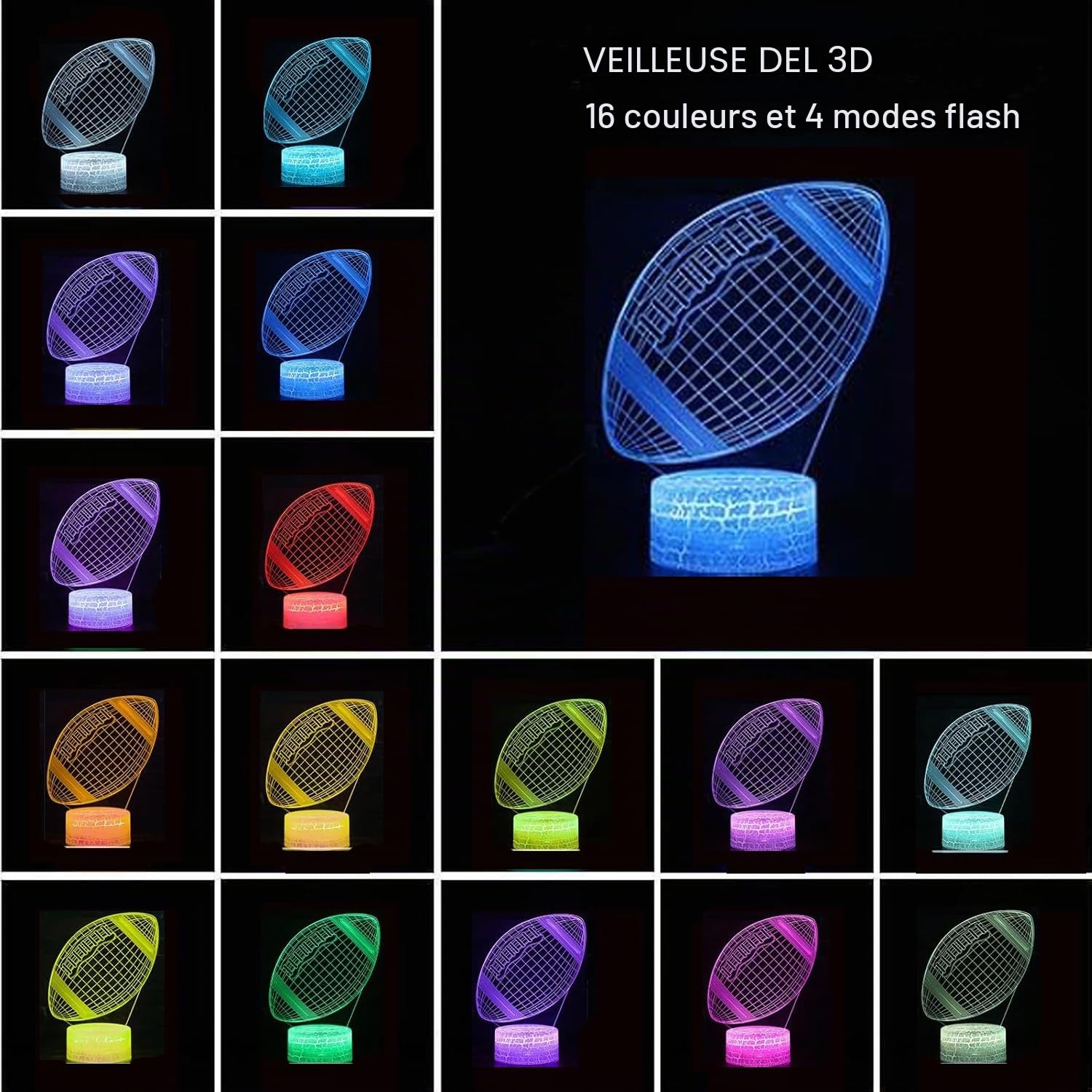 Rugby Night Light, 16 changement de couleur tactile télécommande 3D Football Light, lampe de table décorative, cadeau pour les garçons et les enfants amateurs de sport