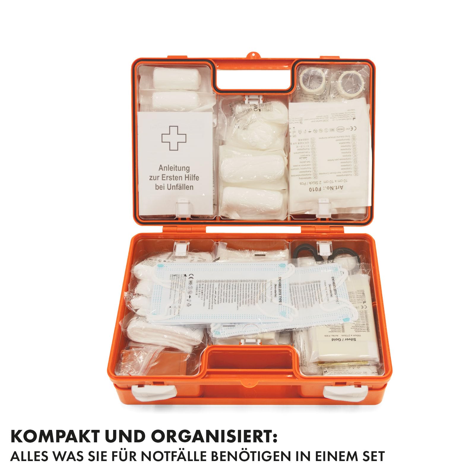 KARAT Trousse de Premiers Secours Moyenne DIN 13169 pour Entreprise & Domicile - Kit de Secours Complet avec Support Mural pour Bureaux Restauration, Capacité jusqu'à 100 Personnes (32 x 22 x 13 cm)