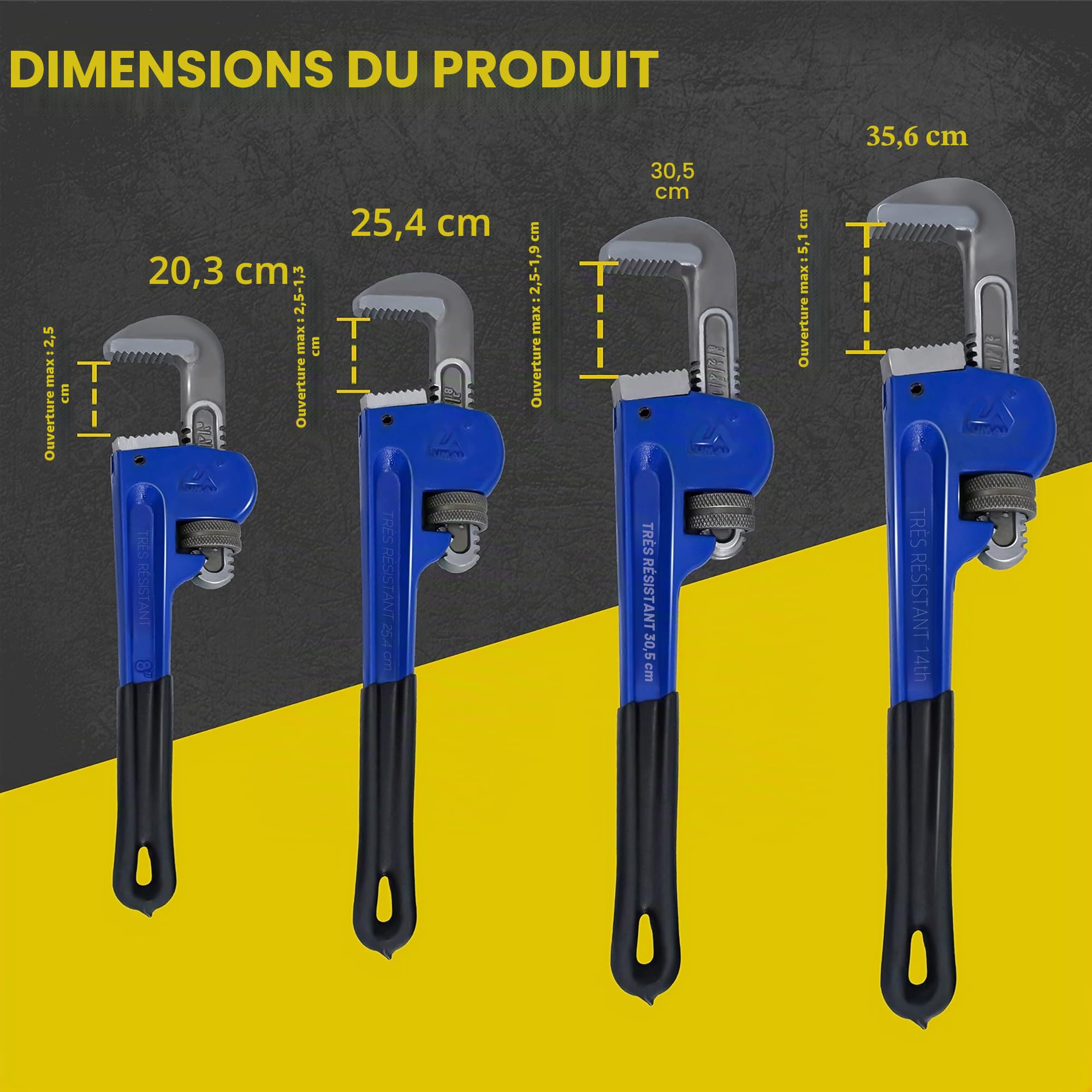 Lot de 4 clés à pipe robustes - Traitées thermiquement - Réglables - 20,3 cm, 30,5 cm, 35,6 cm - Avec sac de rangement