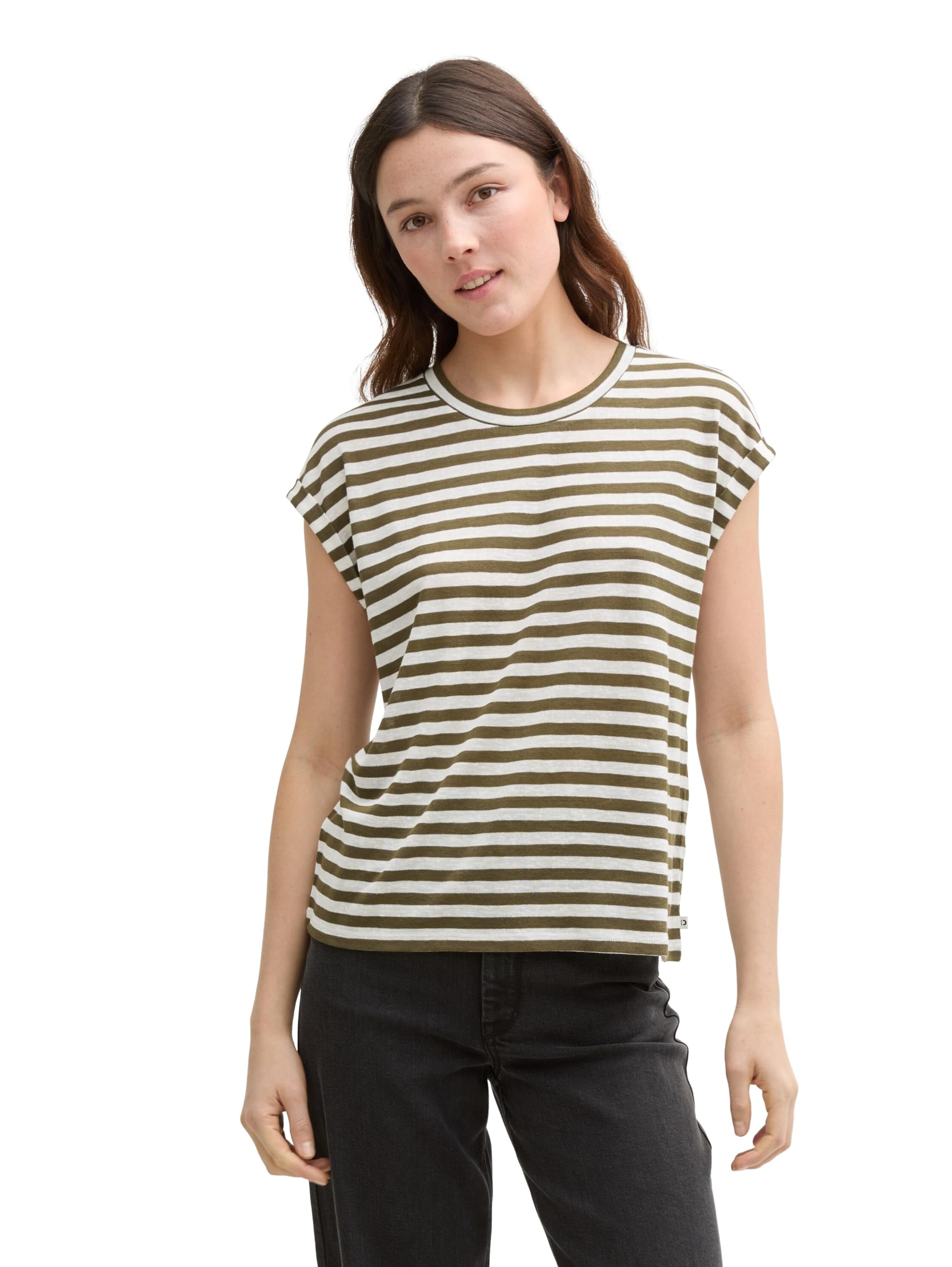 TOM TAILOR Denim Women's Striped T-Shirt, 37852 - Olive White Stripe, M