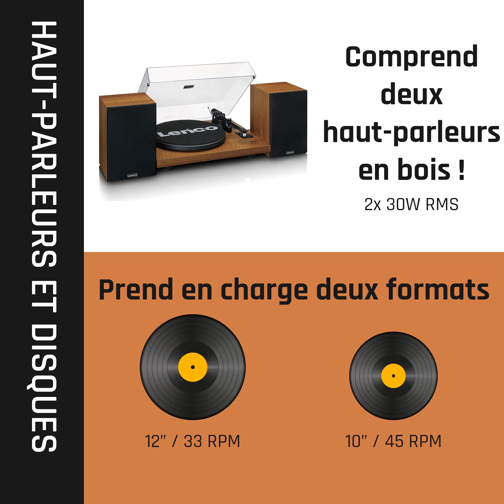 LENCO LS-480WD - Tourne-Disque avec amplificateur intégré et Bluetooth® Plus 2 Haut-parleurs externes, Bois