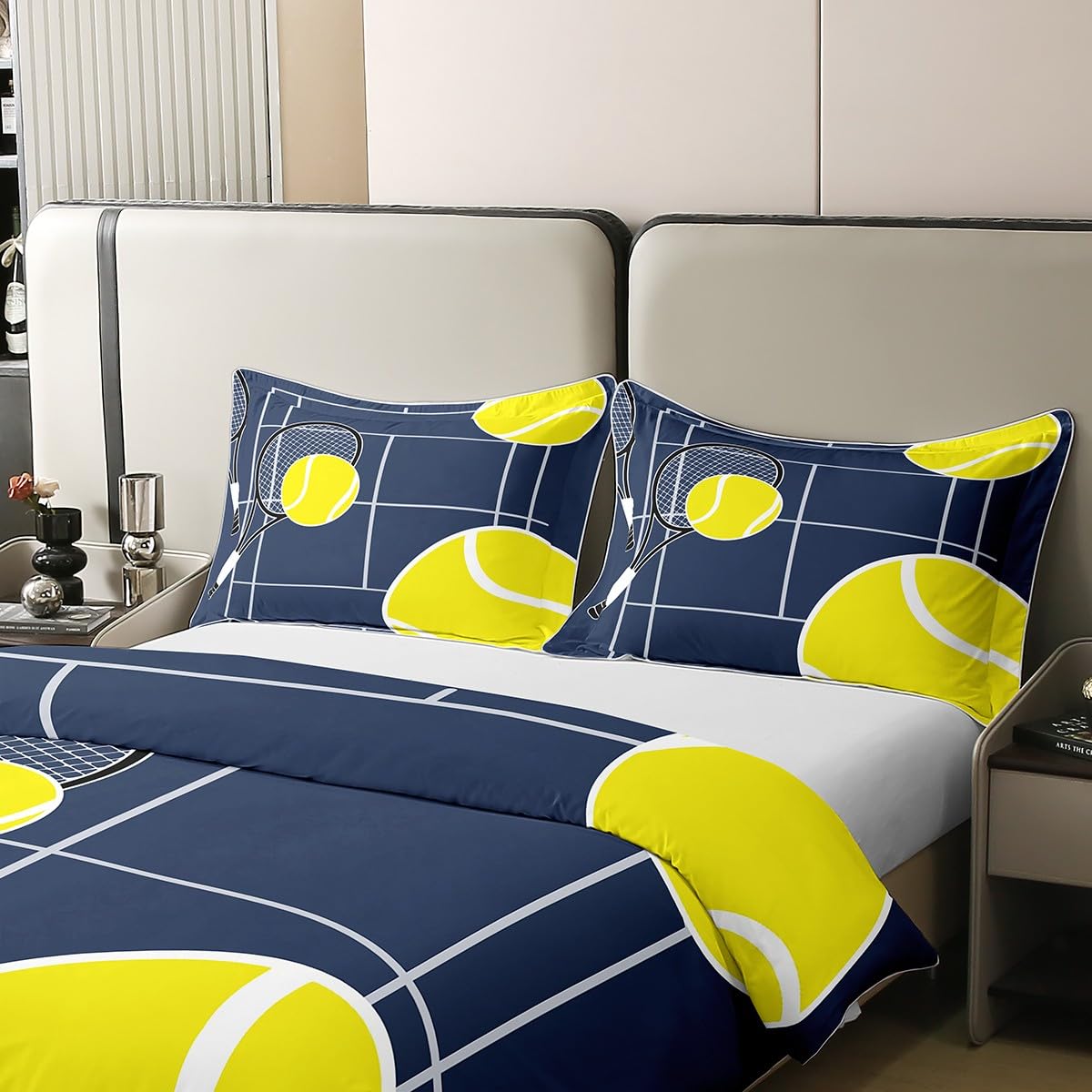 Homemissing Jungen Tennis 100% Baumwolle Bettwäsche Set 135x200cm Ball Spiel Navy Blue Bettbezug für Kinder Mädchen Sport Thema Betten Zimmer Dekor