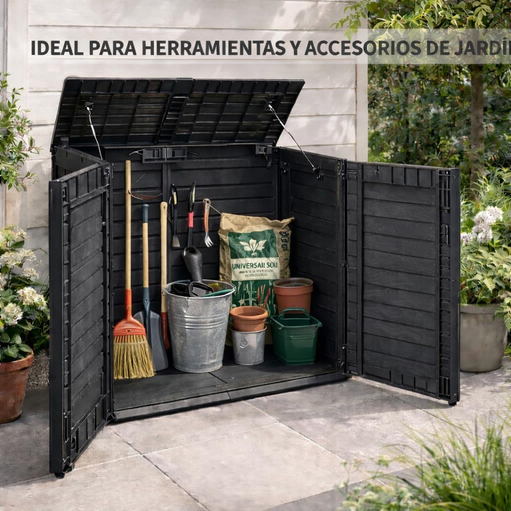 Acomoda Textil - Baul de Almacenaje Exterior 117X74X110 cm con 2 Puertas y Tapa Superior. Arcon de 780 Litros de Exterior para Cubos Basura, Herramientas, Accesorios para Terraza Patio o Jardín.