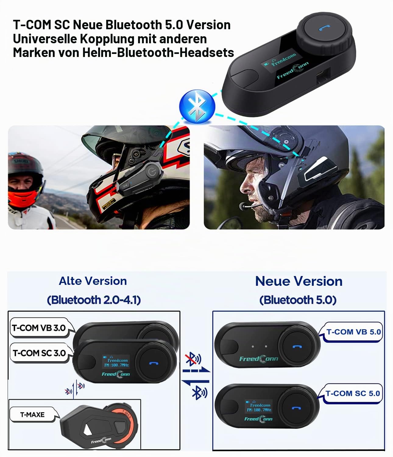 FreedConn Tcom-SC Intercom Motorrad Headset für 2 Personen Musik Teilen, Motorradhelm Kommunikationssystem 800M mit LCD-Bildschirm, Universelles Helm Bluetooth WasserdichtMatching 2-in-1-Mikrofon