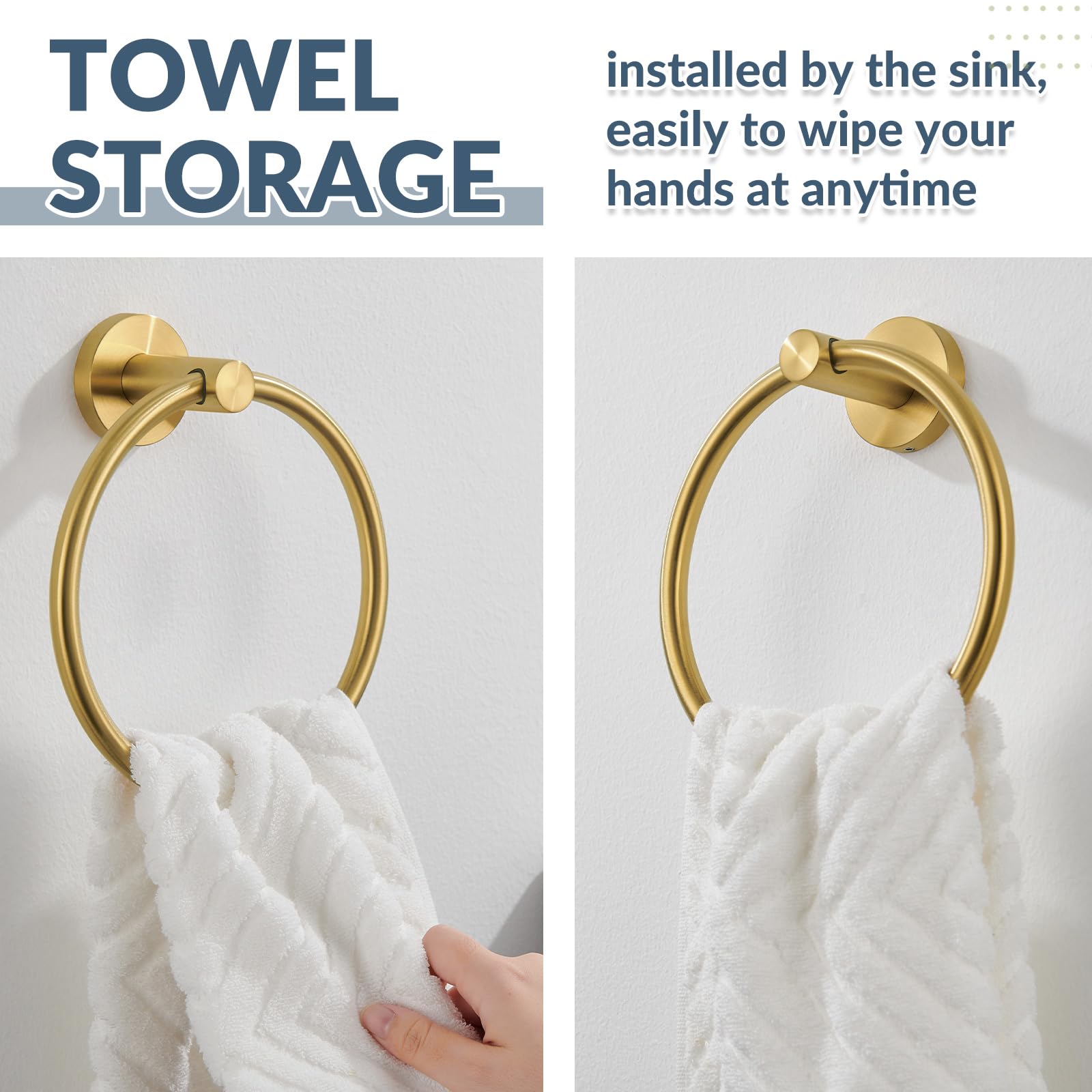 APLusee Toallero de mano de acero inoxidable 304, soporte redondo para toallas montado en la pared para baño, cocina, oro cepillado