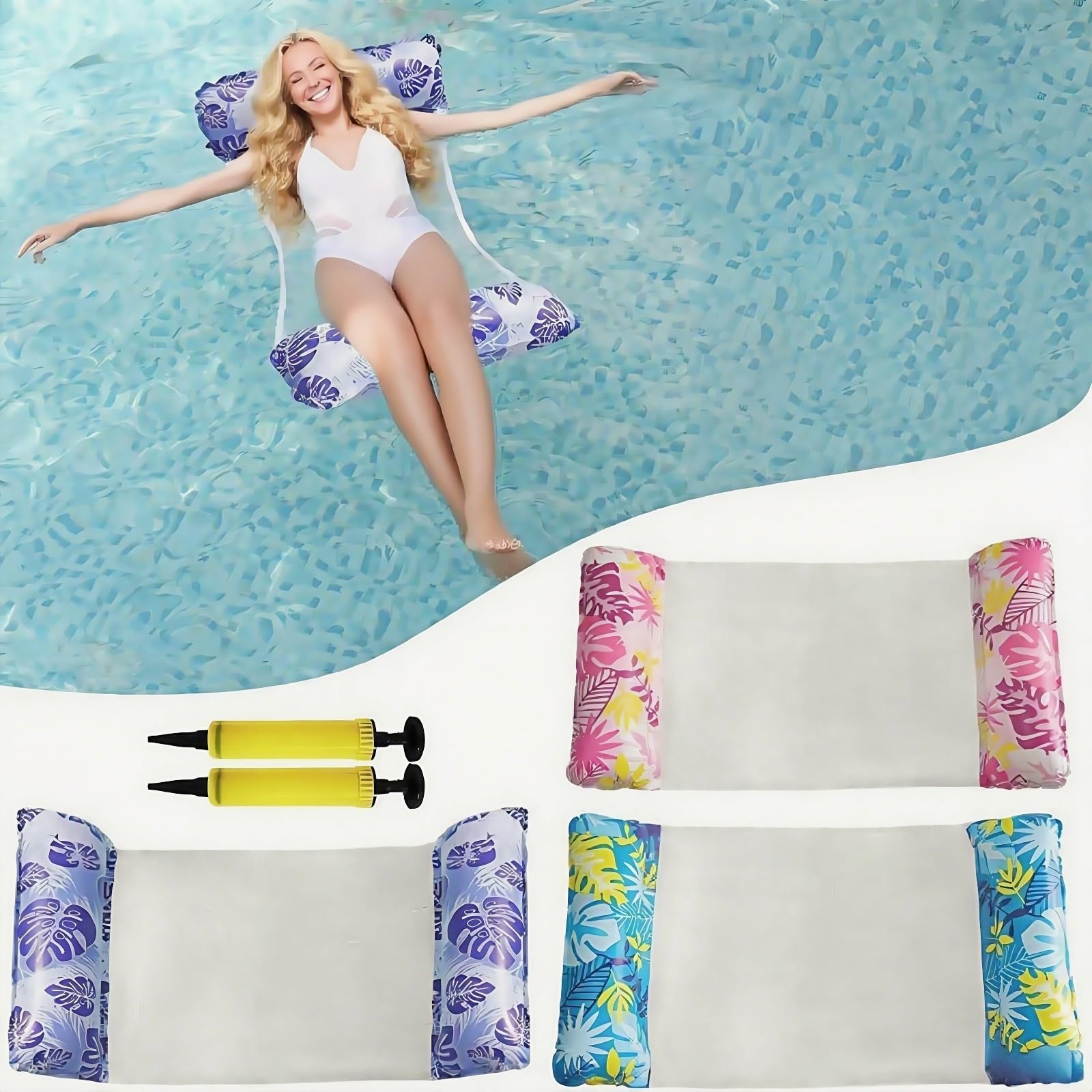 3 Pack Inflatable Pool Floats for Adults & Kids Pool Hammock, Water Hammock, Floating Chair & Lounger, Multi-Purpose Pool Raft with Cool Mesh, 2 Air Pumps Summer Pool Toys for Beach, Swimming Pools