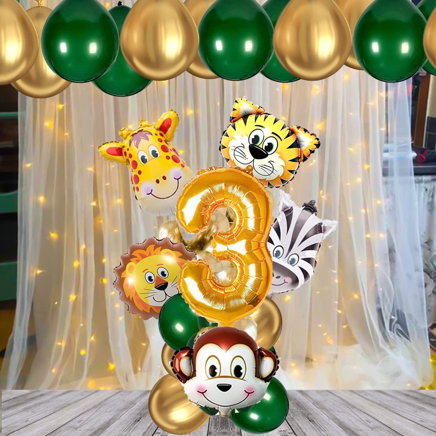 CAMARILLA Jungle Safari Theme 3rd Birthday Decoration / Wild Animal Foil Balloon, Dark Green Balloons, Gold Metallic Helium Balloons, No. 3 Foil/ Party Supplies/ Zoo Decor For Kids(Pack of 18pcs)