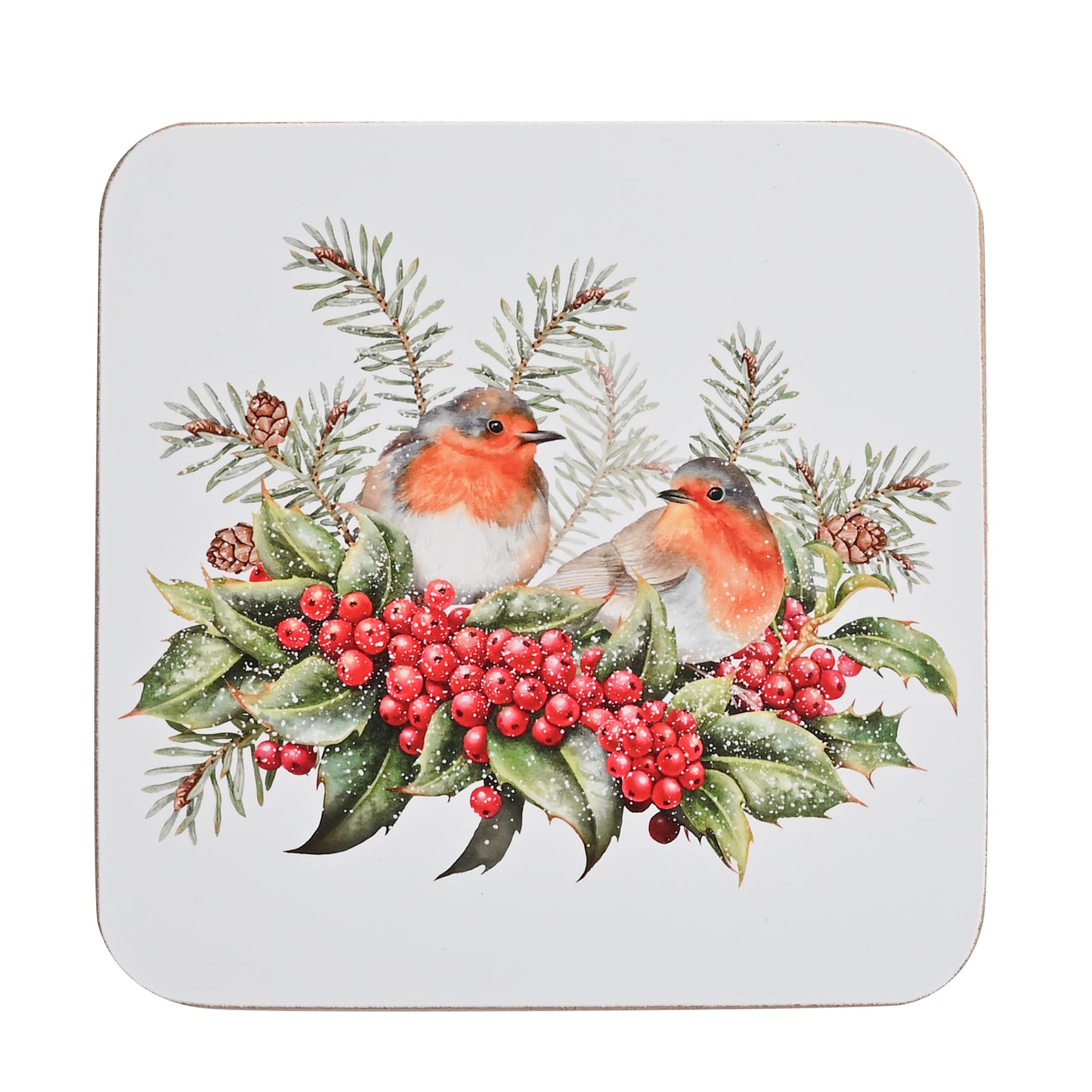 Widdop And Co Multicolour Widdop Set Of 4 Christmas Robin Square Coasters – Festive Wooden Coaster Set With Red-Breasted Robins, Holly & Pine – Country Christmas Tableware